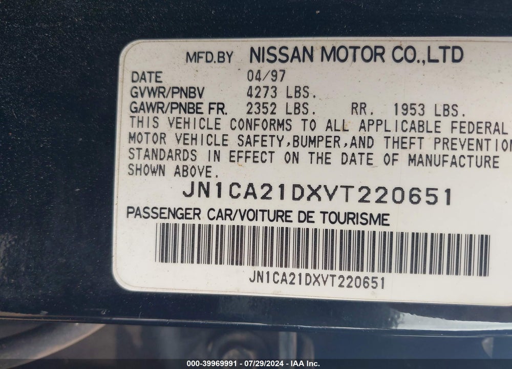1997 NISSAN MAXIMA GLE/GXE/SE VIN: JN1CA21DXVT220651