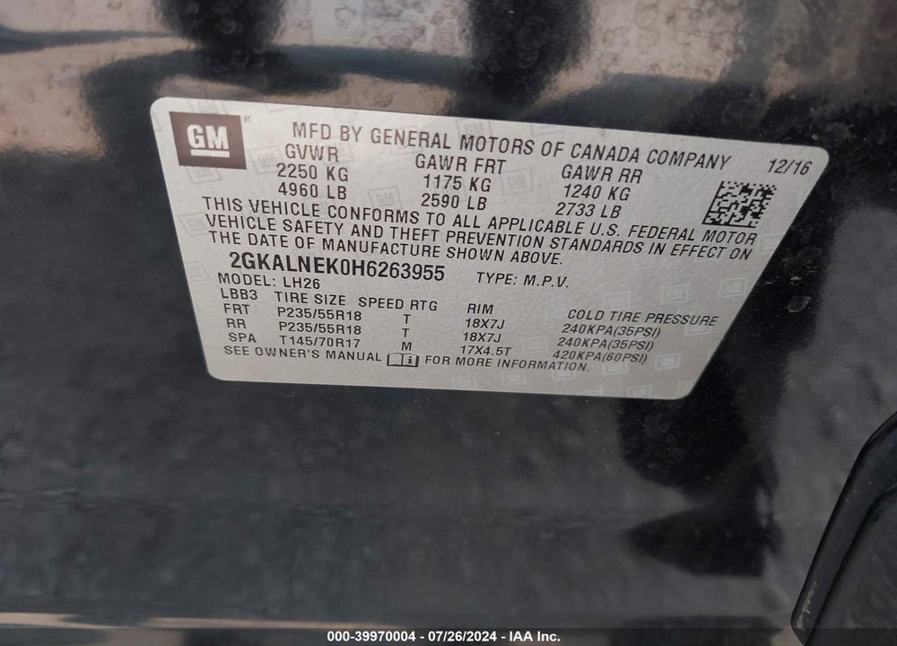 2017 GMC TERRAIN SLE-2 VIN: 2GKALNEK0H6263955