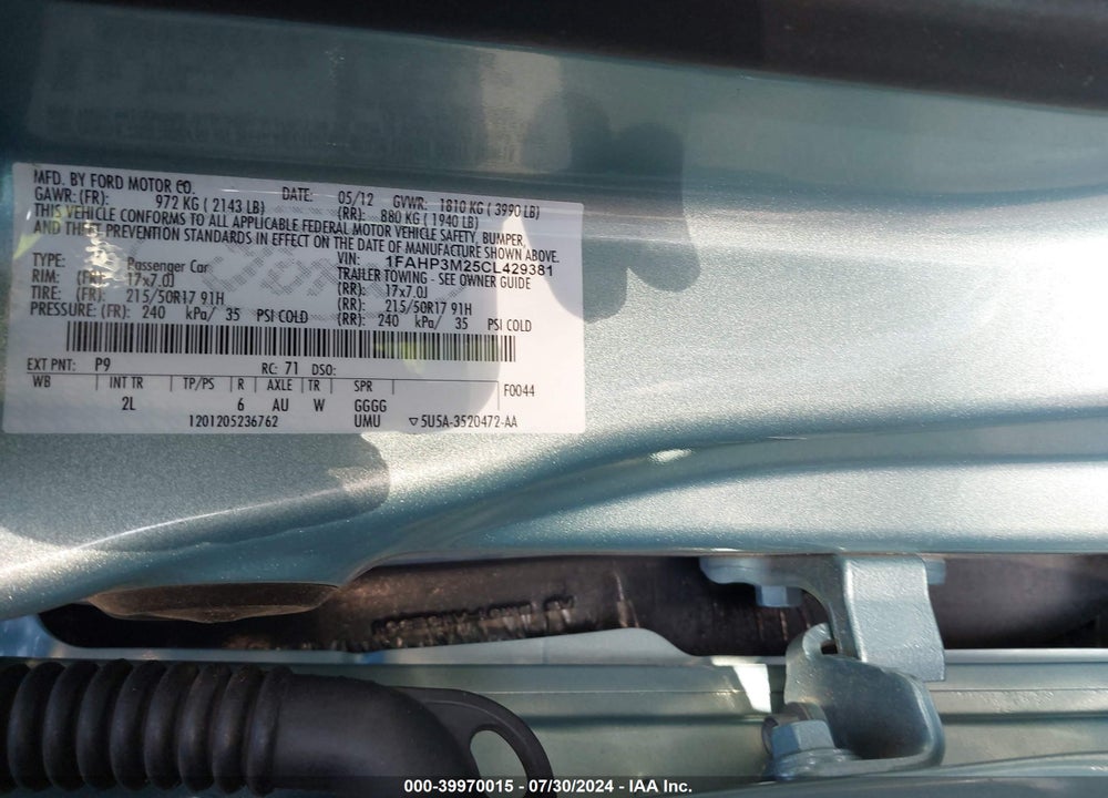 2012 FORD FOCUS SEL VIN: 1FAHP3M25CL429381
