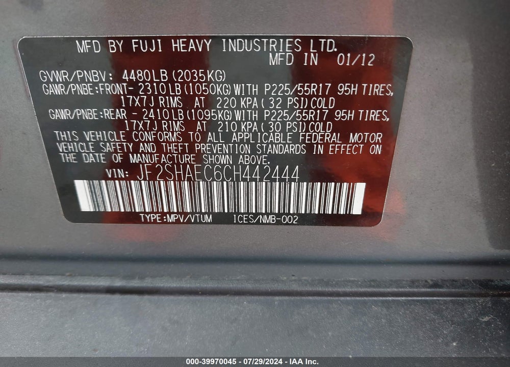 2012 SUBARU FORESTER 2.5X LIMITED VIN: JF2SHAEC6CH442444