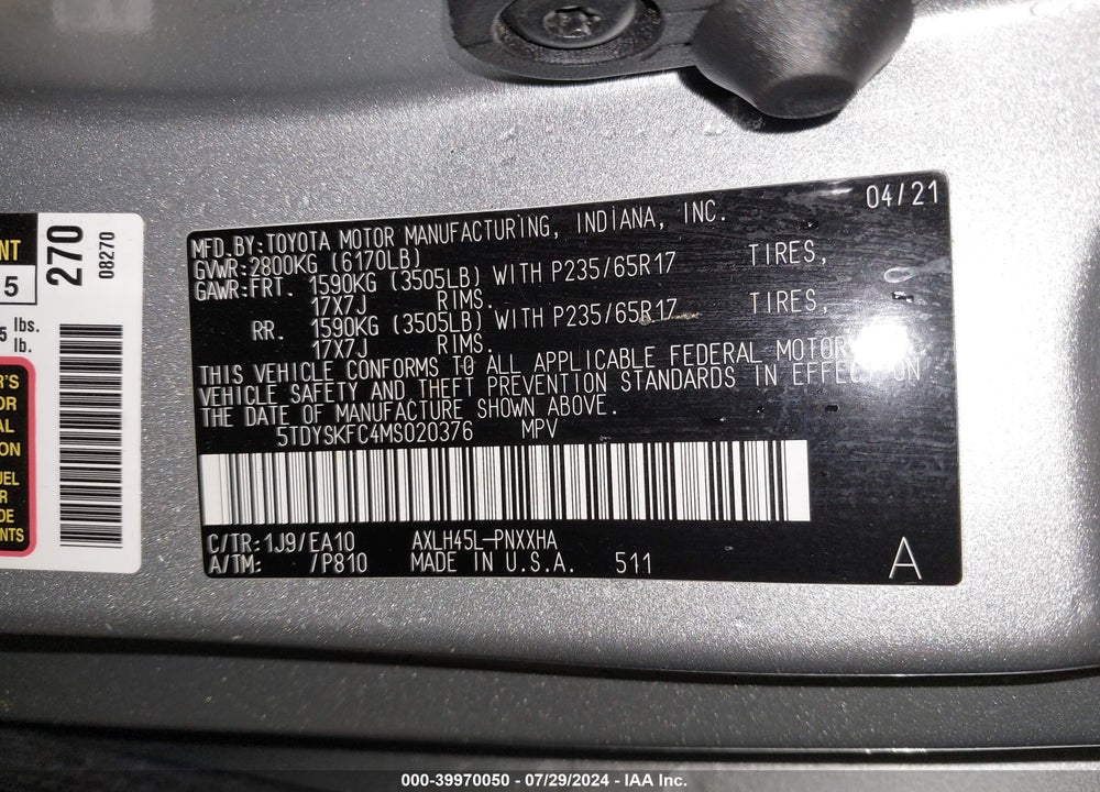2021 TOYOTA SIENNA VIN: 5TDYSKFC4MS020376