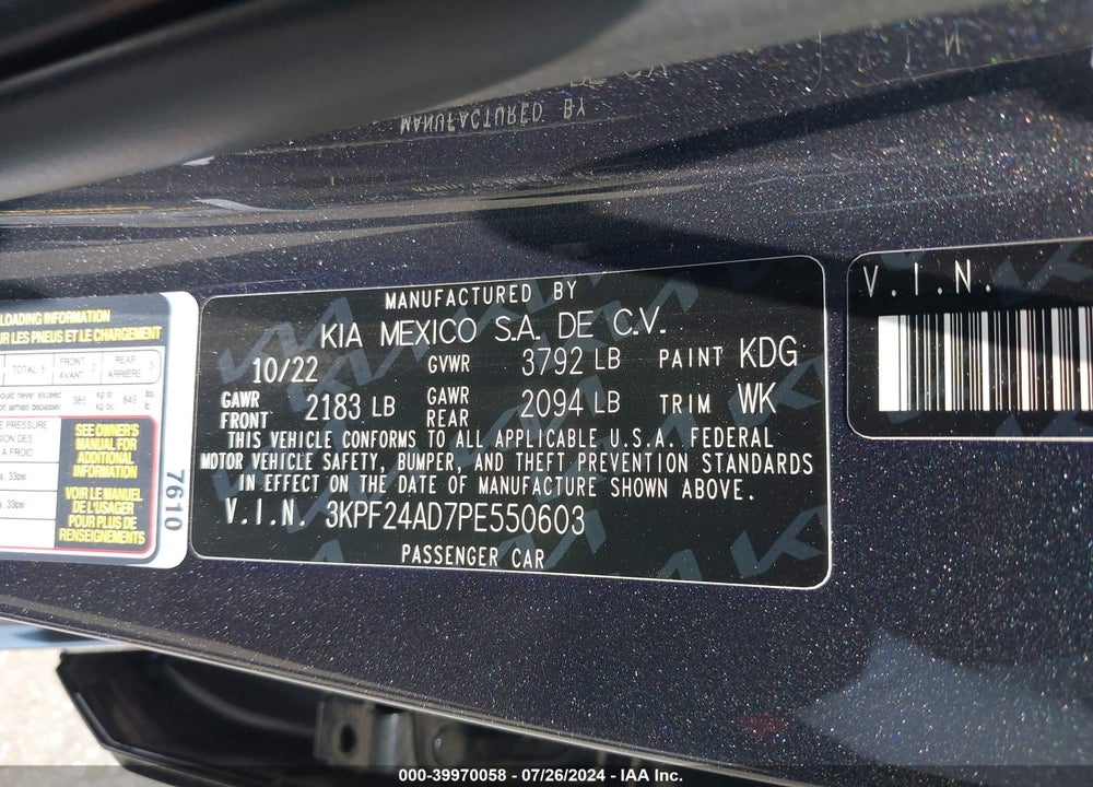 2023 KIA FORTE LXS VIN: 3KPF24AD7PE550603