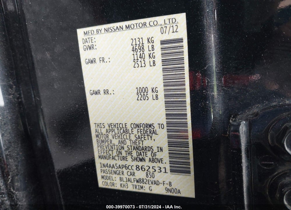 2012 NISSAN MAXIMA 3.5 SV VIN: 1N4AA5AP6CC862531