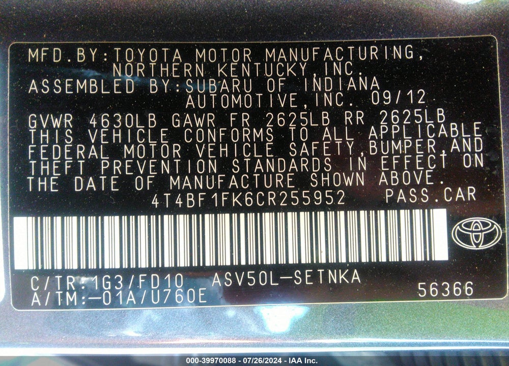 2012 TOYOTA CAMRY LE VIN: 4T4BF1FK6CR255952
