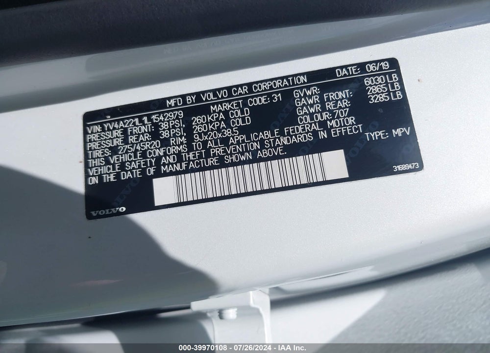 2020 VOLVO XC90 T6 INSCRIPTION 6 PASSENGER VIN: YV4A221L1L1542979
