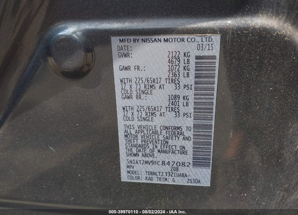 2015 NISSAN ROGUE SV VIN: 5N1AT2MV9FC847082