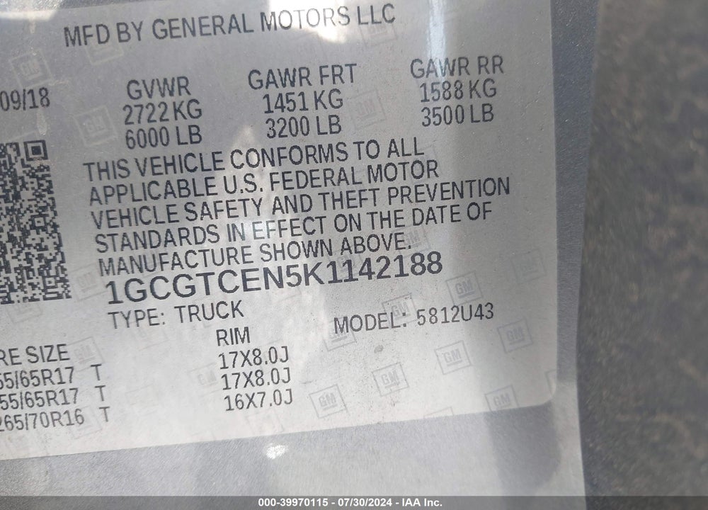 2019 CHEVROLET COLORADO LT VIN: 1GCGTCEN5K1142188