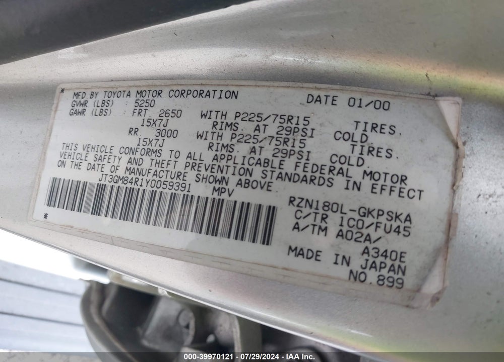 2000 TOYOTA 4RUNNER VIN: JT3GM84R1Y0059391