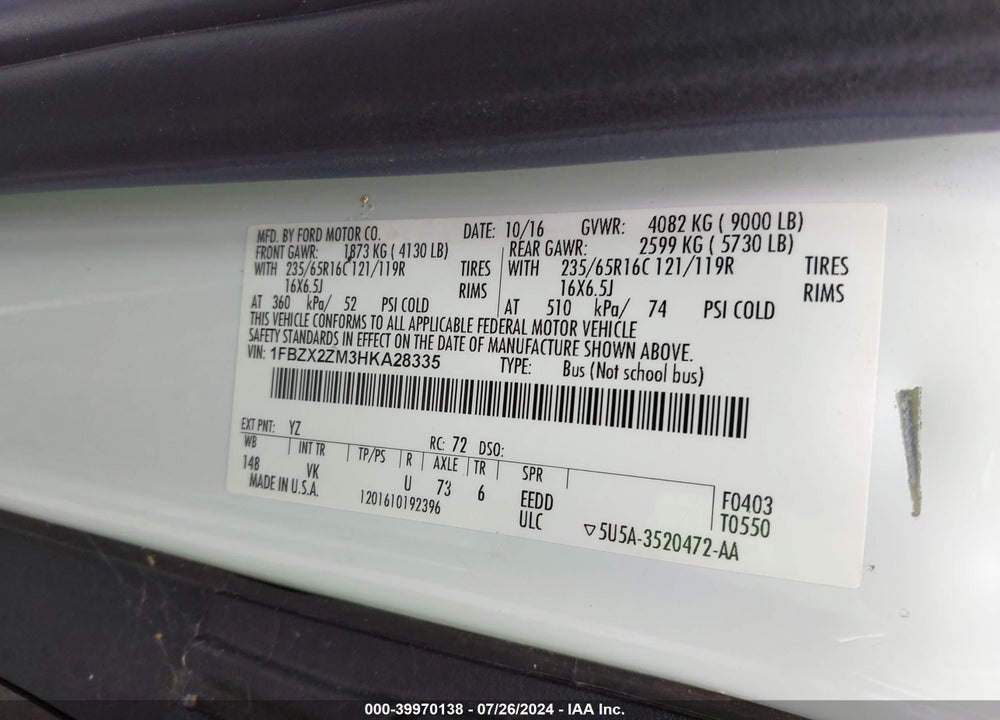 2017 FORD TRANSIT-350 XL VIN: 1FBZX2ZM3HKA28335