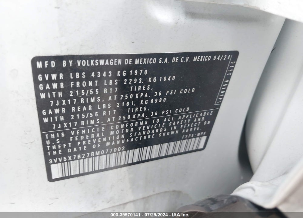 2024 VOLKSWAGEN TAOS 1.5T S VIN: 3VV5X7B27RM077002