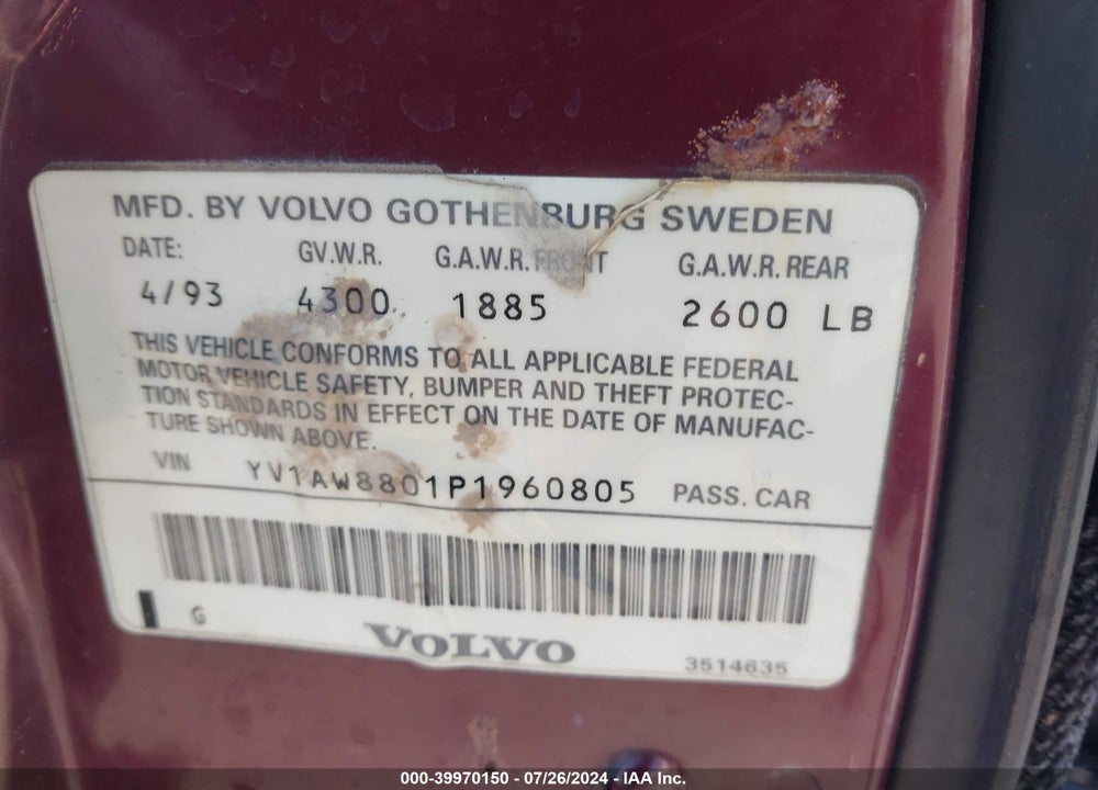 1993 VOLVO 240 VIN: YV1AW8801P1960805