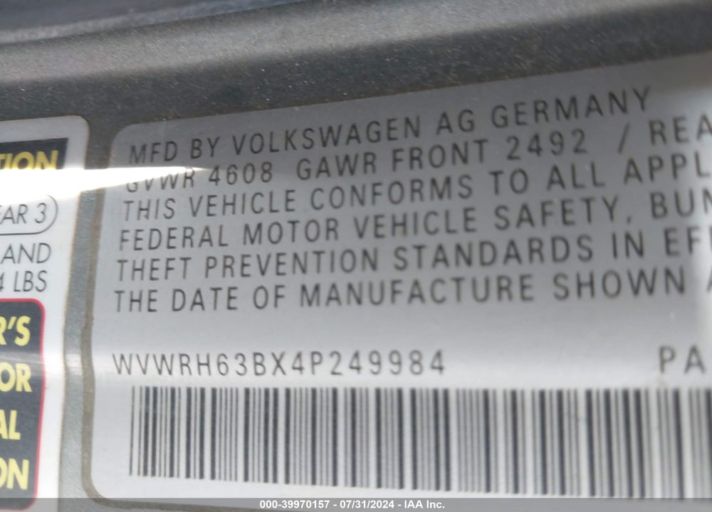 2004 VOLKSWAGEN PASSAT GLX VIN: WVWRH63BX4P249984