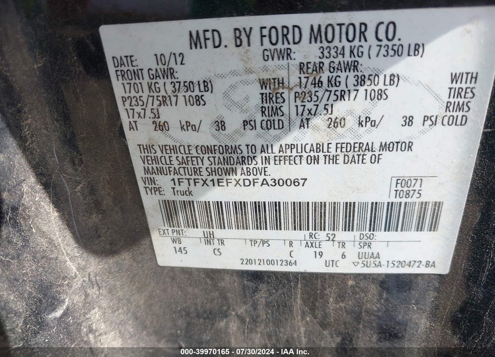 2013 FORD F-150 XL VIN: 1FTFX1EFXDFA30067