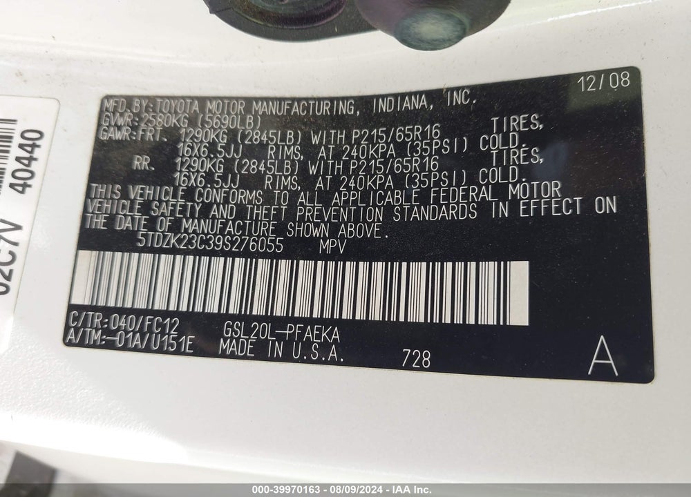 2009 TOYOTA SIENNA LE VIN: 5TDZK23C39S276055