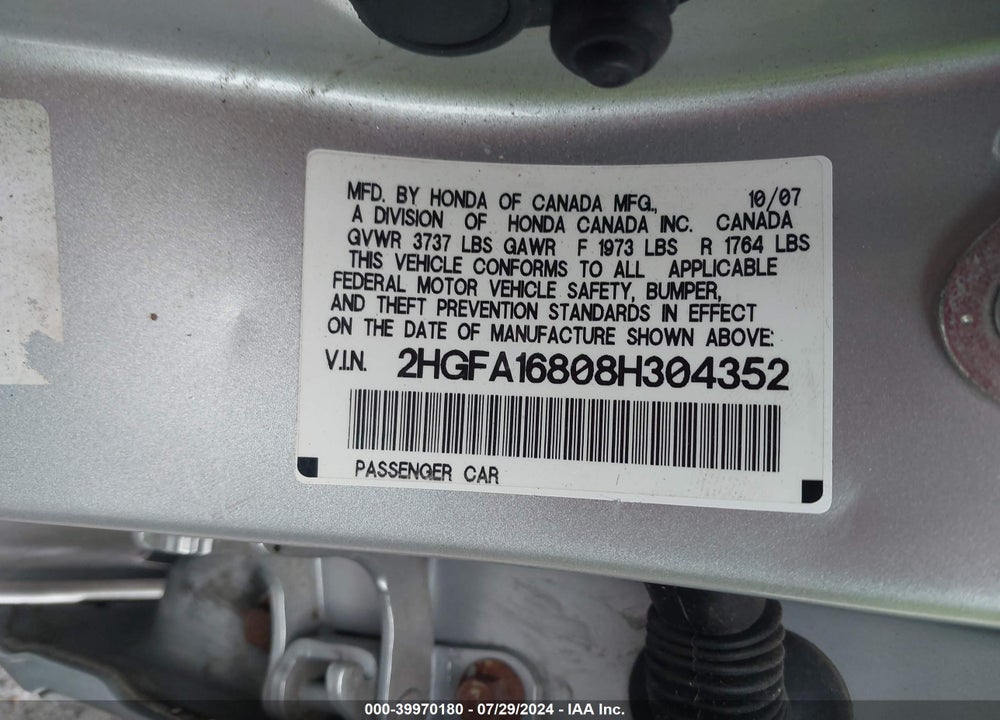 2008 HONDA CIVIC EX VIN: 2HGFA16808H304352