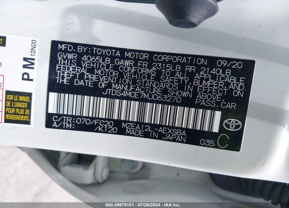2021 TOYOTA COROLLA VIN: JTDS4MCE7MJ063270
