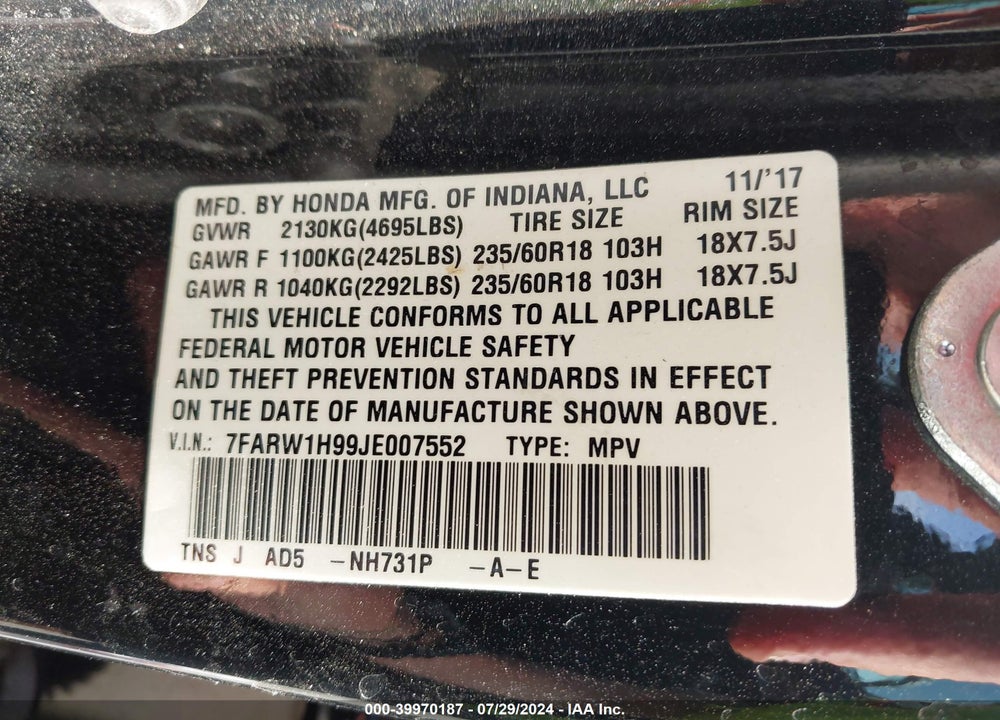 2018 HONDA CR-V TOURING VIN: 7FARW1H99JE007552