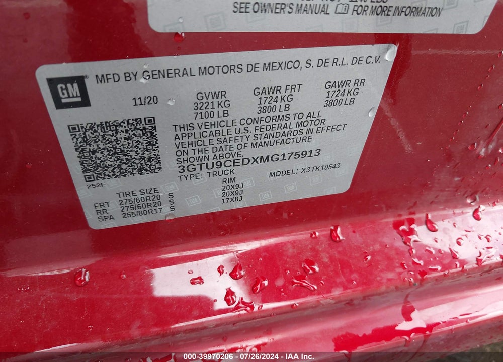 2021 GMC SIERRA 1500 4WD SHORT BOX ELEVATION VIN: 3GTU9CEDXMG175913