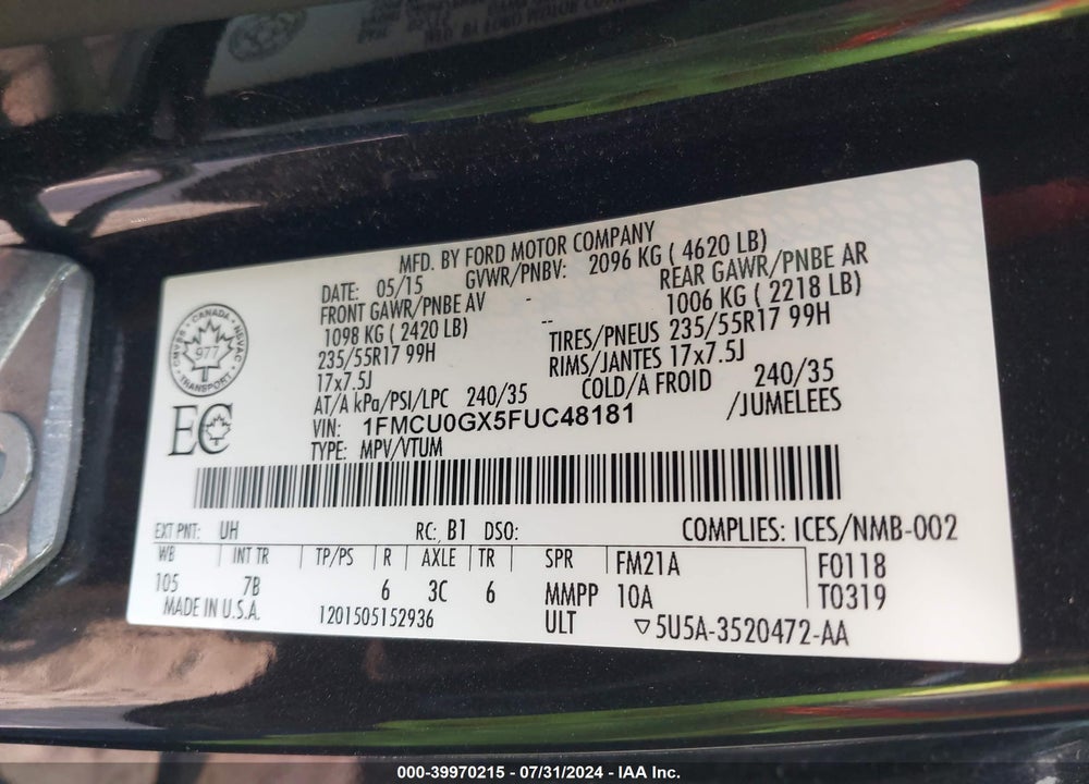2015 FORD ESCAPE SE VIN: 1FMCU0GX5FUC48181