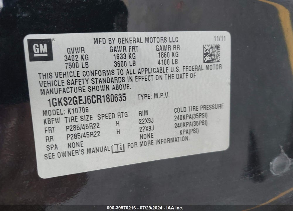 2012 GMC YUKON HYBRID DENALI VIN: 1GKS2GEJ6CR180635