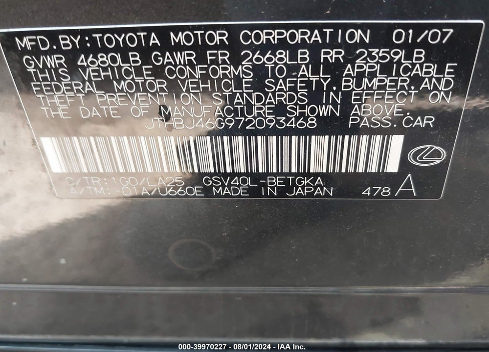 2007 LEXUS ES 350 VIN: JTHBJ46G972093468