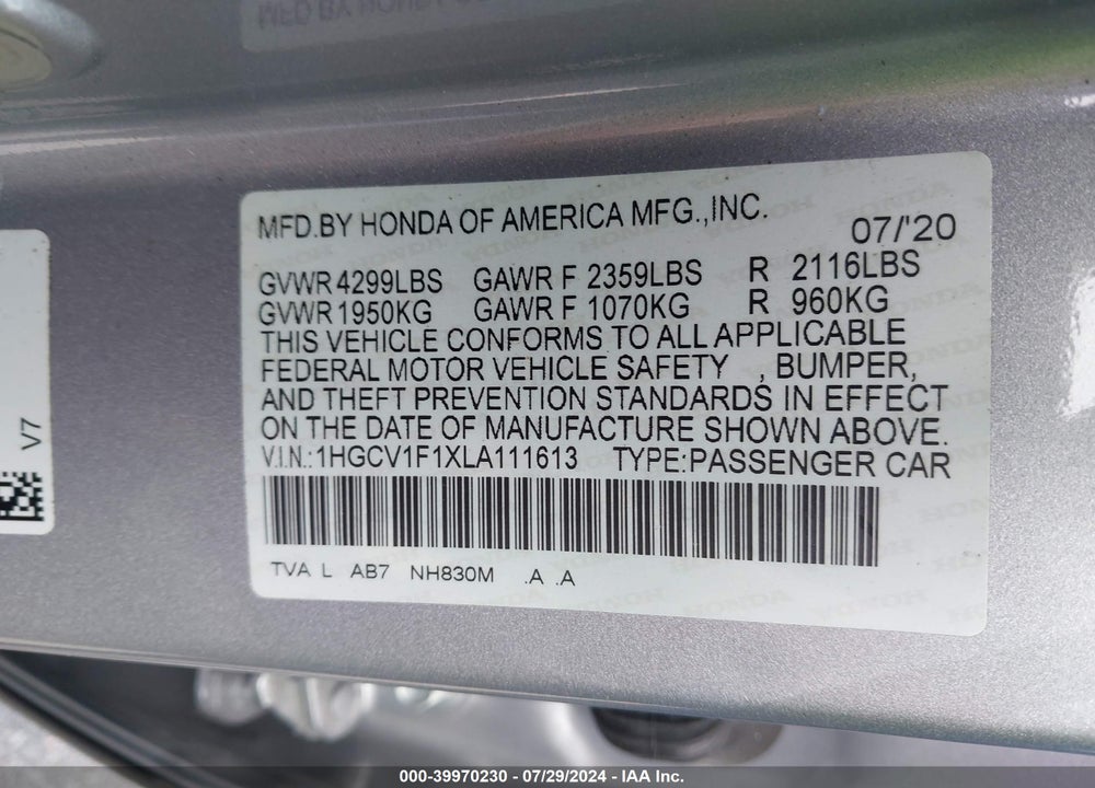 2020 HONDA ACCORD LX VIN: 1HGCV1F1XLA111613