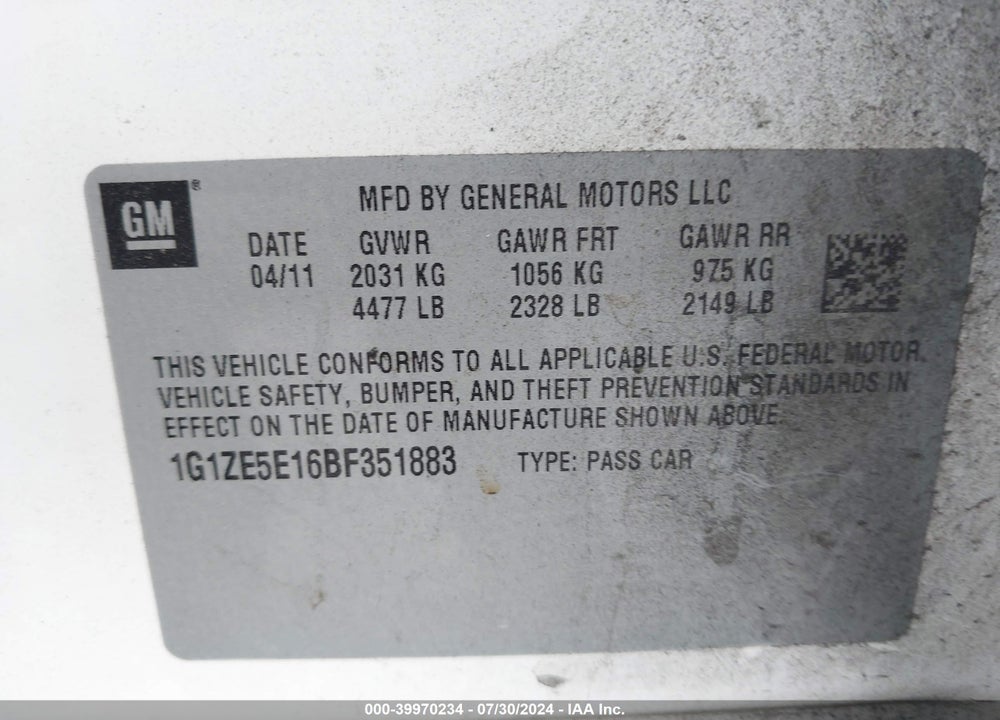 2011 CHEVROLET MALIBU VIN: 1G1ZE5E16BF351883