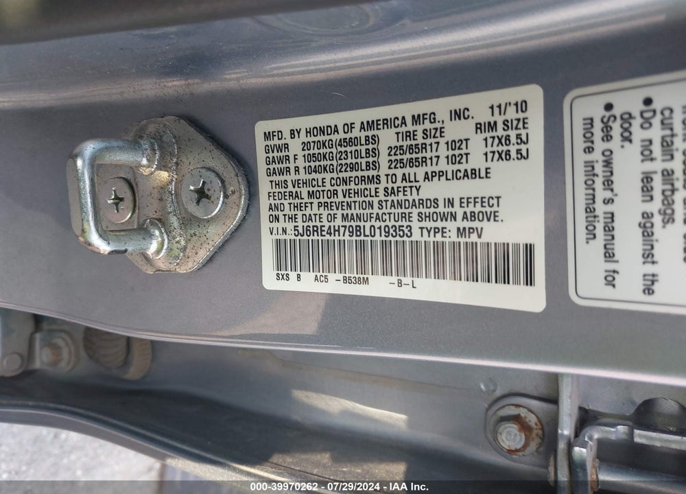 2011 HONDA CR-V EX-L VIN: 5J6RE4H79BL019353