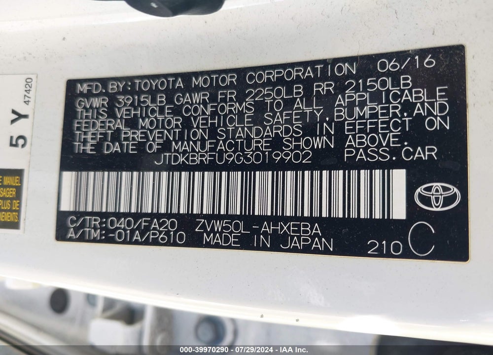 2016 TOYOTA PRIUS TWO VIN: JTDKBRFU9G3019902