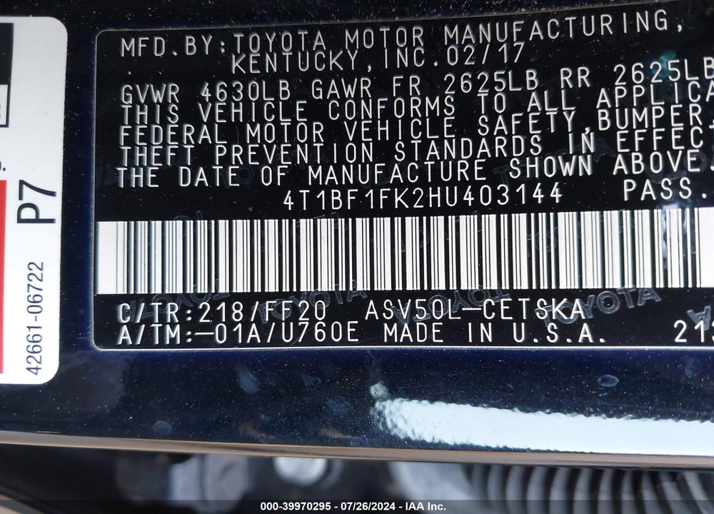 2017 TOYOTA CAMRY SE VIN: 4T1BF1FK2HU403144