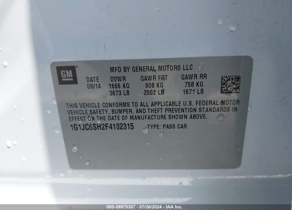 2015 CHEVROLET SONIC LT AUTO VIN: 1G1JC6SH2F4102315
