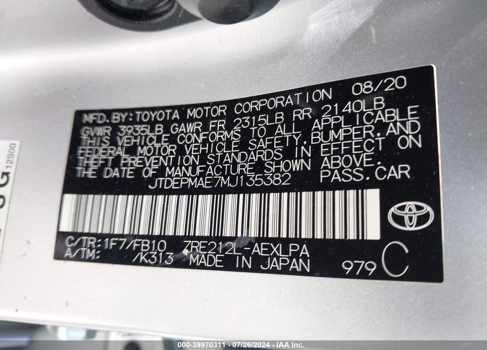 2021 TOYOTA COROLLA LE VIN: JTDEPMAE7MJ135382