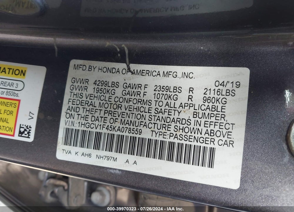 2019 HONDA ACCORD EX VIN: 1HGCV1F45KA078559
