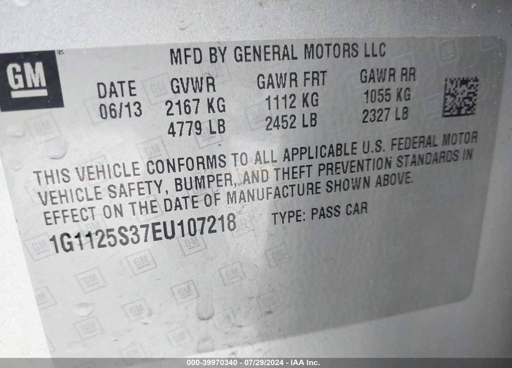 2014 CHEVROLET IMPALA 2LT VIN: 1G1125S37EU107218