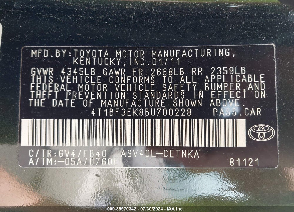 2011 TOYOTA CAMRY LE VIN: 4T1BF3EK8BU700228