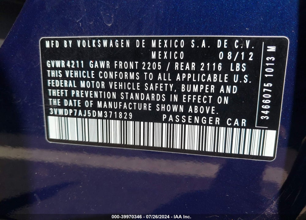 2013 VOLKSWAGEN JETTA 2.5L SE VIN: 3VWDP7AJ5DM371829