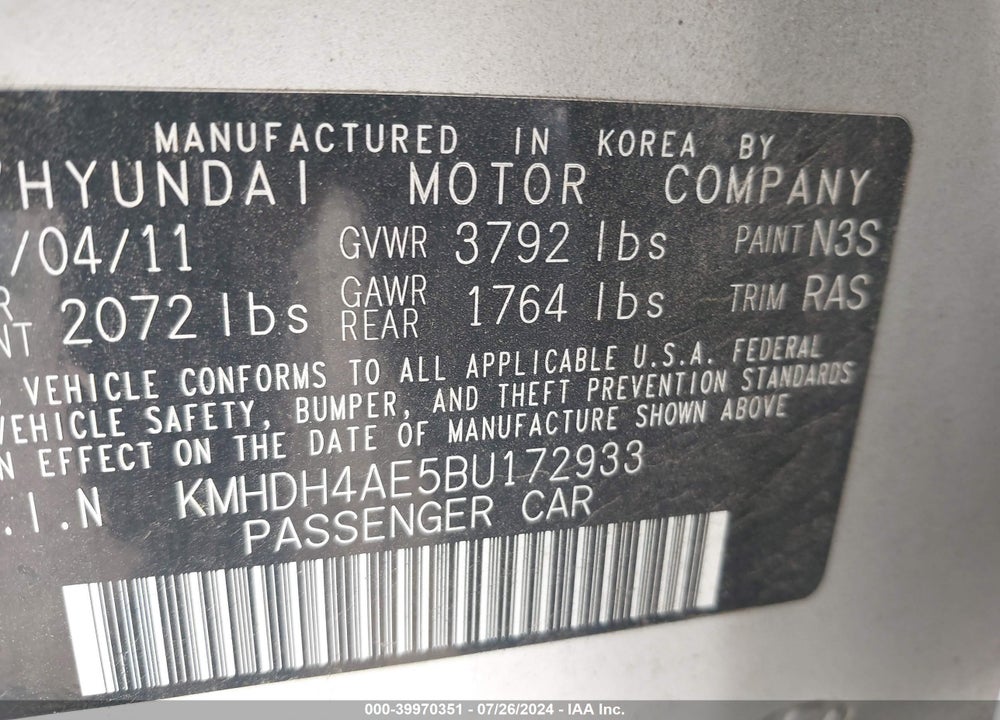 2011 HYUNDAI ELANTRA GLS (ULSAN PLANT) VIN: KMHDH4AE5BU172933