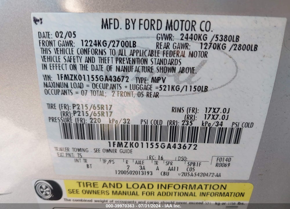 2005 FORD FREESTYLE SE VIN: 1FMZK01155GA43672