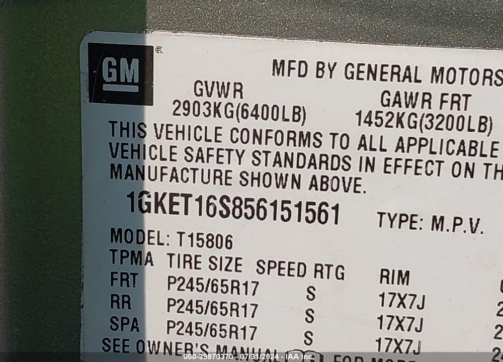 2005 GMC ENVOY XL SLT VIN: 1GKET16S856151561