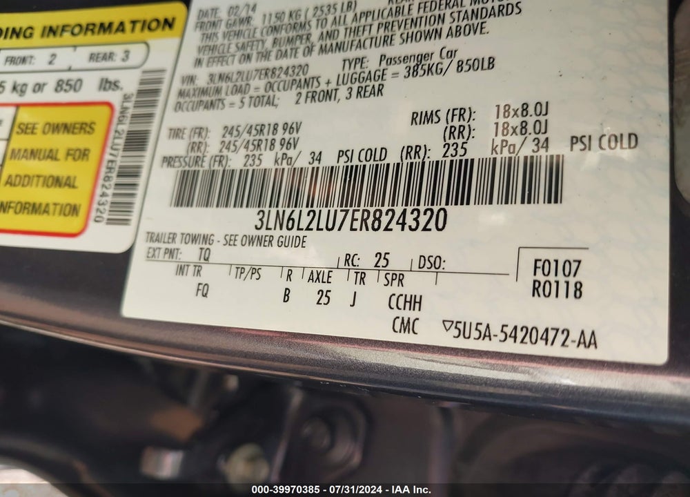 2014 LINCOLN MKZ HYBRID VIN: 3LN6L2LU7ER824320