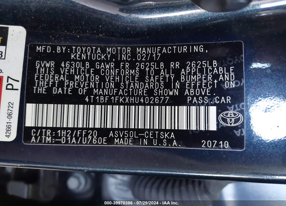 2017 TOYOTA CAMRY SE VIN: 4T1BF1FKXHU402677
