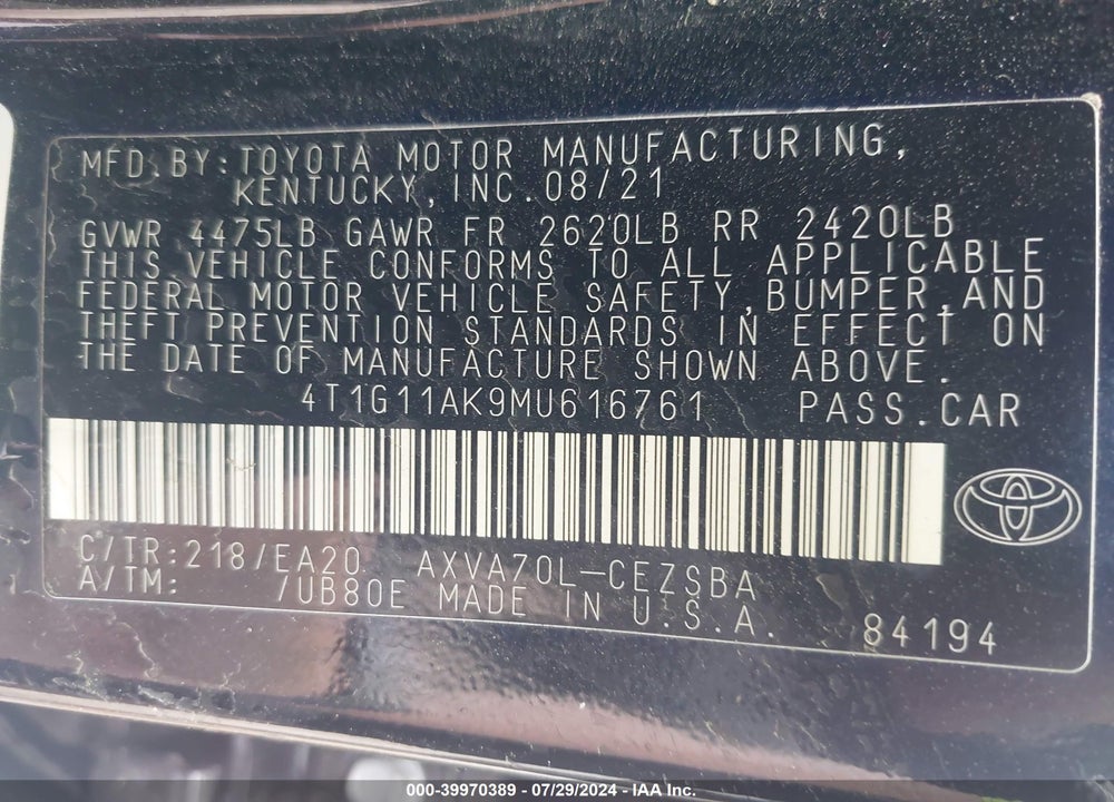 2021 TOYOTA CAMRY SE VIN: 4T1G11AK9MU616761