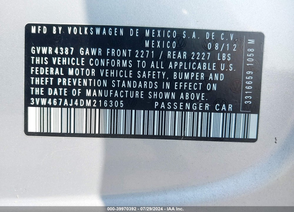 2013 VOLKSWAGEN JETTA GLI VIN: 3VW467AJ4DM216305