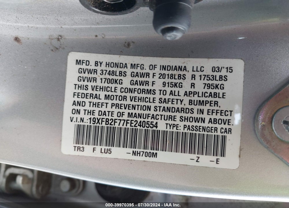 2015 HONDA CIVIC SE VIN: 19XFB2F77FE240554