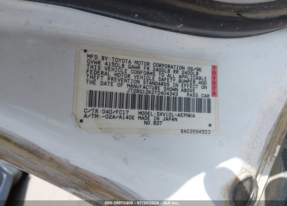 1996 TOYOTA CAMRY DX/LE/XLE VIN: JT2BG12K2T0404343