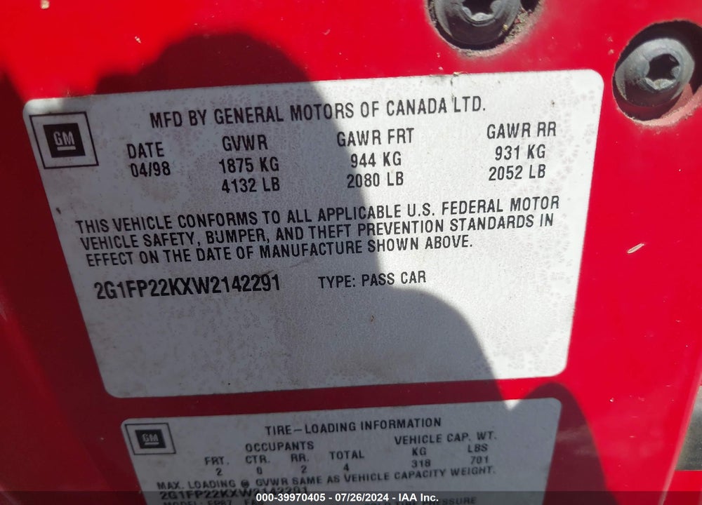 1998 CHEVROLET CAMARO VIN: 2G1FP22KXW2142291