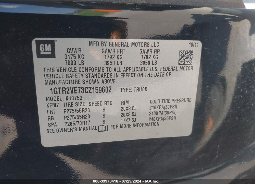 2012 GMC SIERRA 1500 SLE VIN: 1GTR2VE73CZ159602