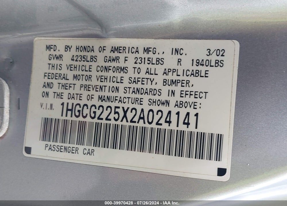 2002 HONDA ACCORD 3.0 EX VIN: 1HGCG225X2A024141