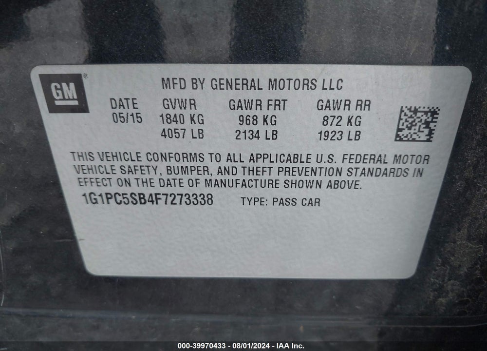 2015 CHEVROLET CRUZE 1LT AUTO VIN: 1G1PC5SB4F7273338