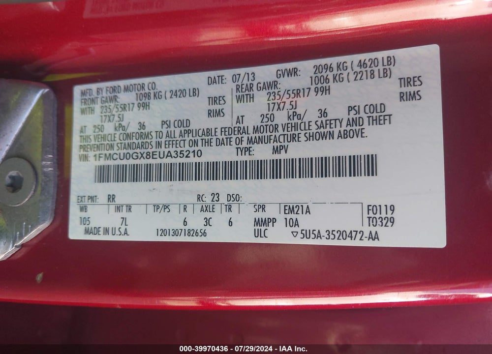 2014 FORD ESCAPE SE VIN: 1FMCU0GX8EUA35210